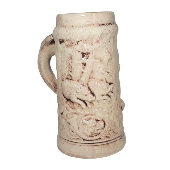 Vintage Large Ceramic Mug Stein With 3D Deer And Fox Handle Signed JES 6.5" Tall - Picture 4 of 11